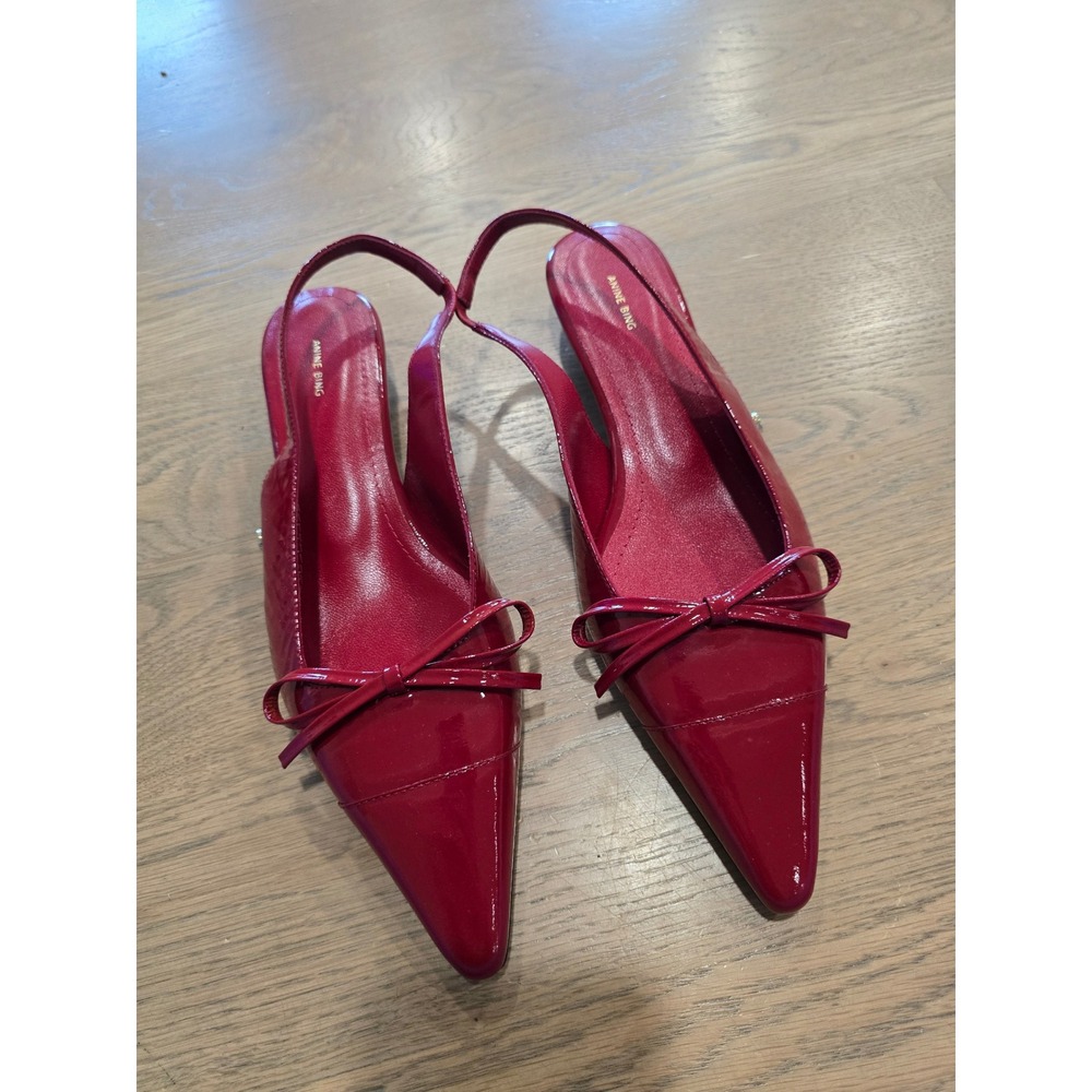 Anine Bing Red Patent Leather Slingback Kitten Heels Bow Pointed Toe Pumps 40